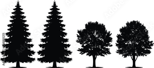 PrintTree silhouette vector, pine and deciduous tree illustration, forest elements, black trees on white background, nature design for outdoor graphics
