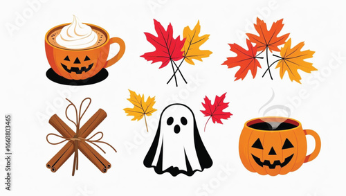 -Halloween Scene Vector – Ghosts, Pumpkins, Bats & Fall Leaves
