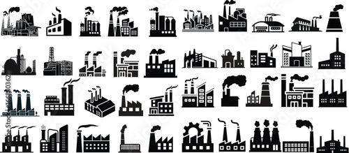 Industrial building factory icon set.Factory and industrial vector line icon.Industry power, chemical manufacturing building warehouse nuclear energy plant.Industrial building, factory and power plant
