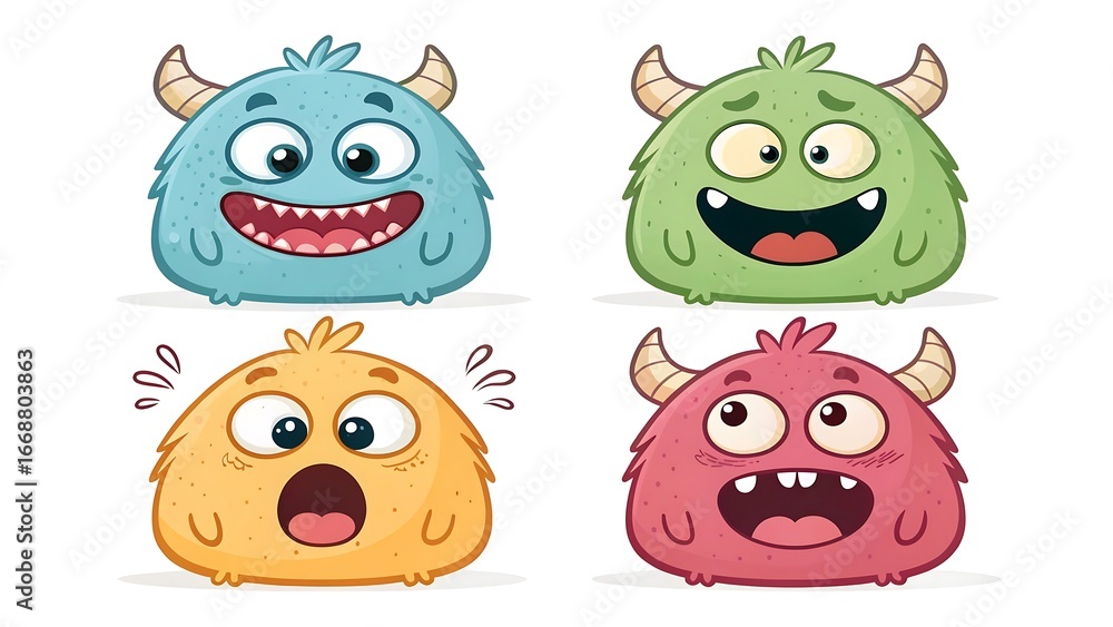Obraz premium Four adorable fluffy cartoon monsters with big eyes and horns displaying different emotions