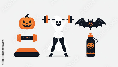 Strong Halloween Ghost Bodybuilder – Funny Cartoon Pumpkin Vector