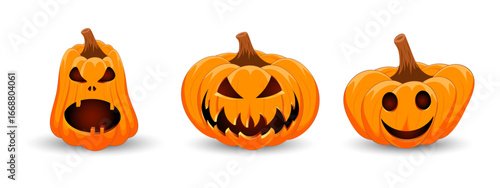 Set carved Halloween pumpkins with different scary faces isolated on white background. The main symbol of the Happy Halloween holiday. Vector illustration.