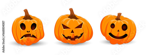 Set carved Halloween pumpkins with different scary faces isolated on white background. The main symbol of the Happy Halloween holiday. Vector illustration.