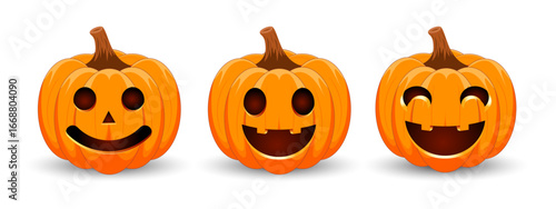 Set carved Halloween pumpkins with different scary faces isolated on white background. The main symbol of the Happy Halloween holiday. Vector illustration.