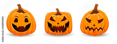 Set carved Halloween pumpkins with different scary faces isolated on white background. The main symbol of the Happy Halloween holiday. Vector illustration.