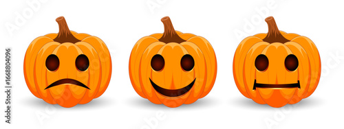 Set carved Halloween pumpkins with different scary faces isolated on white background. The main symbol of the Happy Halloween holiday. Vector illustration.