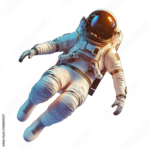 An astronaut in a detailed white spacesuit floating in zero gravity against a white background, with a galaxy reflected in the helmet visor.