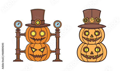 Steampunk Halloween Pumpkins Illustration Set with Top Hats, Gears, and Goth Elements for Autumn Design