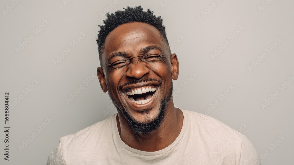 Fototapeta premium handsome unshaven young darkskinned male laughing out loud at funny meme he found on internet smiling broadly showing his white straight teeth positive human facial expressions and emotions no logos 