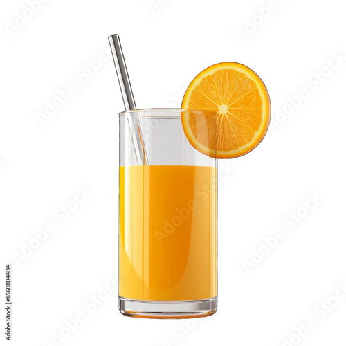 A tall glass of fresh orange juice with a reusable metal straw and an orange slice garnish, isolated on a white background.