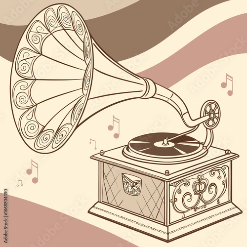 Vintage wood gramophone with a brass speaker playing an old record