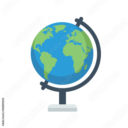 A colorful flat design illustration of a spinning globe on a stand showcasing continents and oceans