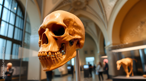 Ancient hominid skull exhibit in natural history museum