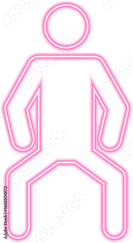 Neon outline pictogram of a person in a low crouched stance with legs bent.