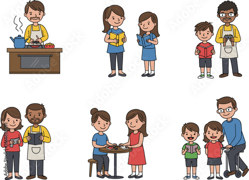 Diverse families cooking, reading, and spending quality time together, sharing stories, learning, and enjoying bonding moments in everyday life.