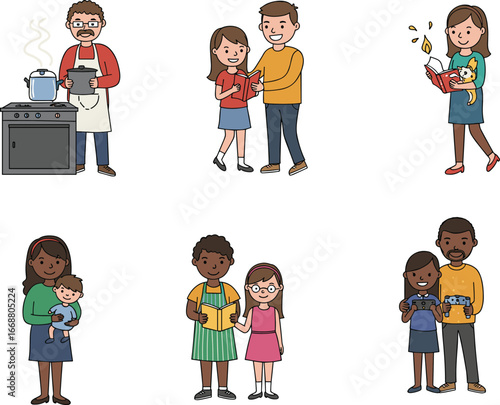 Diverse families cooking, reading, holding babies, playing games, sharing quality time, learning, bonding, and enjoying home life activities together happily.