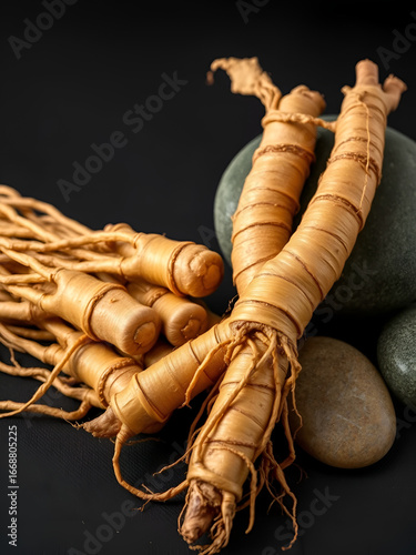 Ginseng roots shown with stones against a dark backdrop This plant has anti inflammatory properties that may lessen inflammation