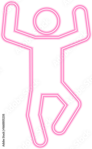 Neon outline pictogram of a person jumping upward with arms raised high in a lively posture.