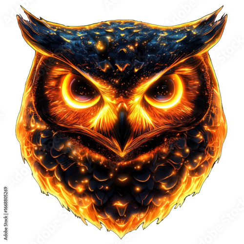 A stylized illustration of a majestic owl's head, glowing with fiery orange and yellow embers against a dark, starry background.