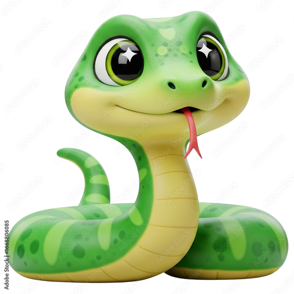 Fototapeta premium A charming 3D cartoon snake with large, sparkling orange eyes and a playful smile, featuring a textured green and beige body. Ideal for children's stories, animations, or whimsical design projects.