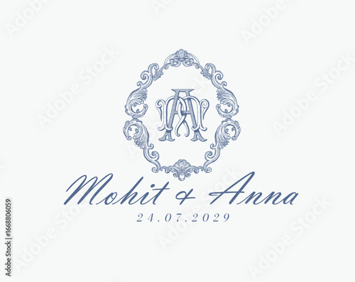 Wedding logo monogram crest vector design royal style blue color illustration monogram crest
