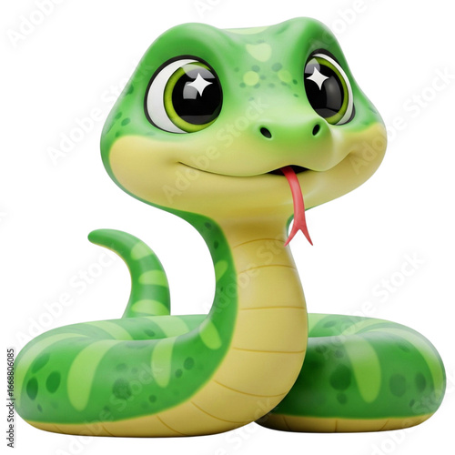 A charming 3D cartoon snake with large, sparkling orange eyes and a playful smile, featuring a textured green and beige body. Ideal for children's stories, animations, or whimsical design projects.
