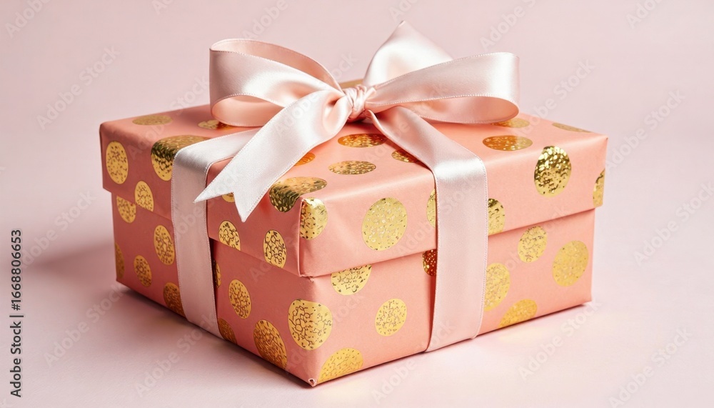 Obraz premium Elegant Pink Gift Box with Gold Dots and Satin Ribbon
