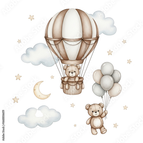 Cute teddy bear in hot air balloon with balloons isolated on transparent background