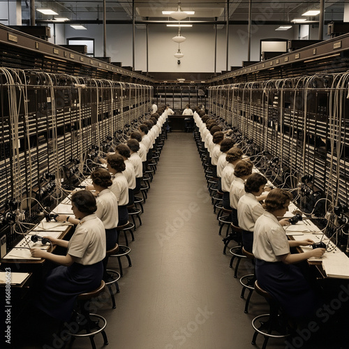 A vintage black-and-white photo of telephone operators