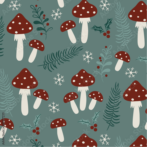 Whimsical Christmas Mushroom Pattern with Snowflakes and Woodland Foliage