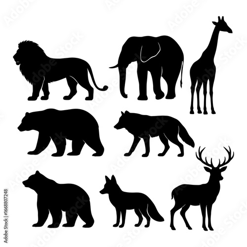 Silhouette illustration featuring a lion, elephant, giraffe, bears, wolf, fox and deer animals design