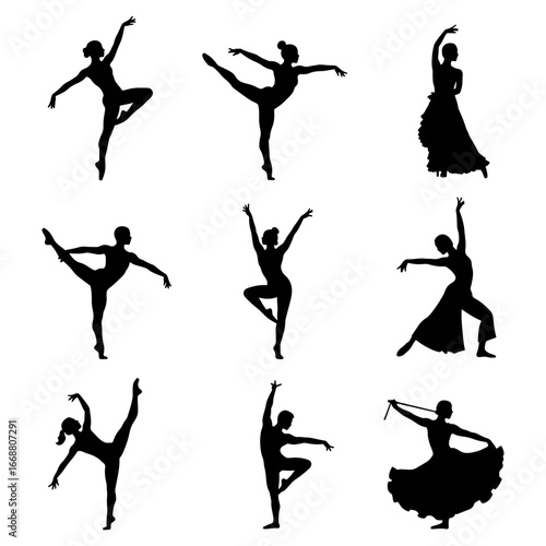 Silhouettes of women in various ballet poses and dance positions on a white background showcase grace and art