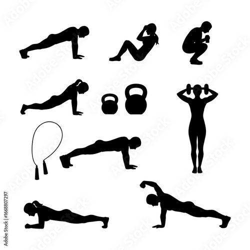 Silhouette collection of various workout exercises including planks squats and weight lifting poses shown
