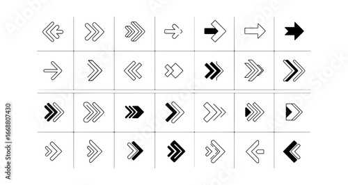 Collection of various arrow designs arranged in a grid pattern with differing styles and orientations