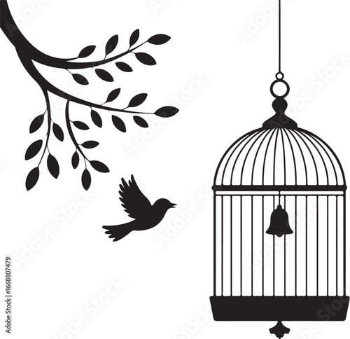 bird in a cage logo design silhouette vectors illustration, bird in a cage silhouette vector logo, silhouette birdcage vector logo, vintage black birdcage logo silhouettes vector on a white background