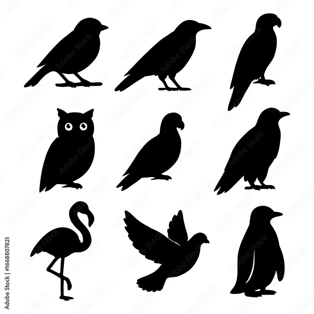 Obraz premium Silhouette collection showing nine distinct bird species in a simple black and white design style