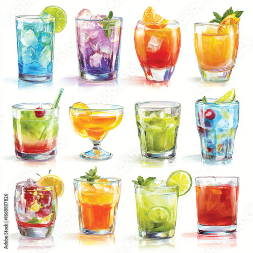 Colorful Cocktail Illustration Featuring Variety of Drinks with Fruit Garnish Refreshing Beverage Art Diverse Selection Alcoholic Summer Party
