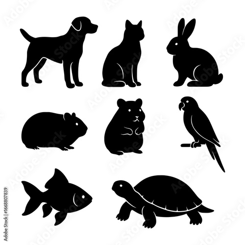 Silhouette illustration of various domestic animals including a dog cat and rabbit and more pets