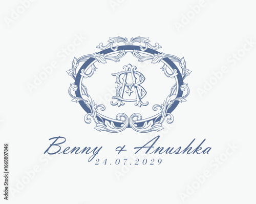 Wedding logo monogram crest vector design royal style blue color illustration monogram crest
