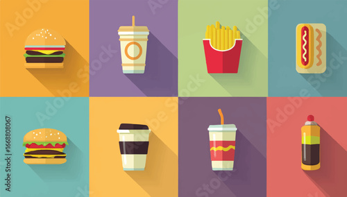Colorful flat design fast food collage featuring burgers fries hotdog drinks and condiments presented with long shadows ideal for menu design