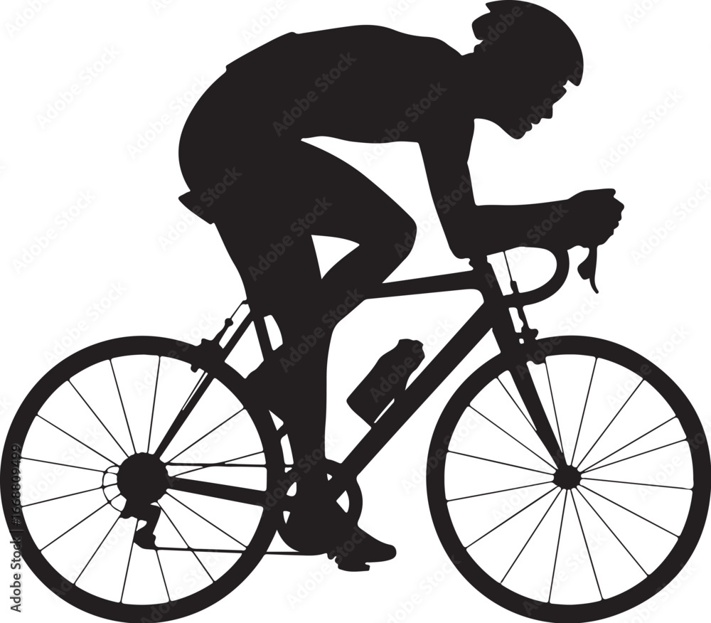 Fototapeta premium Road cyclist silhouette riding bicycle leaning forward vector on white background, road cyclist, bicycle, cyclist, silhouette, sport, vector, bike, riding, cycle, racing, fitness, exercise, activity 