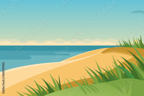 Stylized beach landscape with ocean and sand dunes