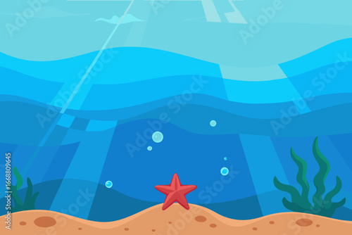Underwater scene with red starfish and sunbeams