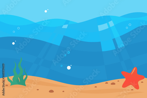 Underwater scene with starfish and seaweed