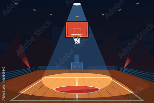 Empty basketball court under dramatic spotlights
