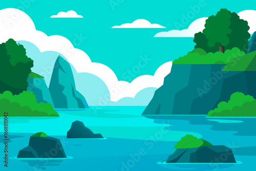 Serene coastal landscape with jagged rocks and lush greenery