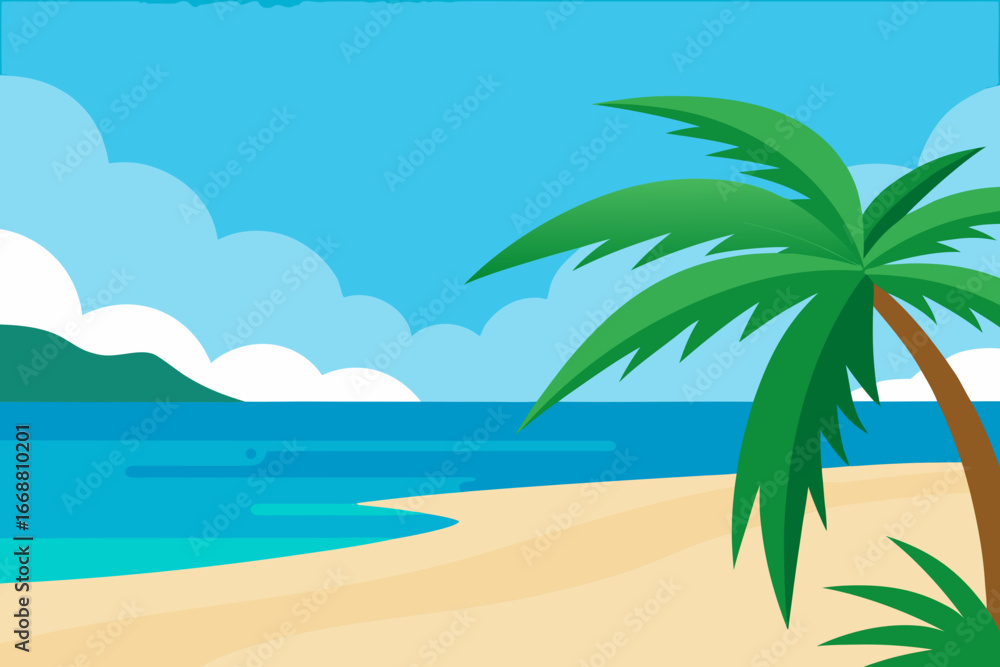 Obraz premium Tropical beach scene with palm tree and ocean view
