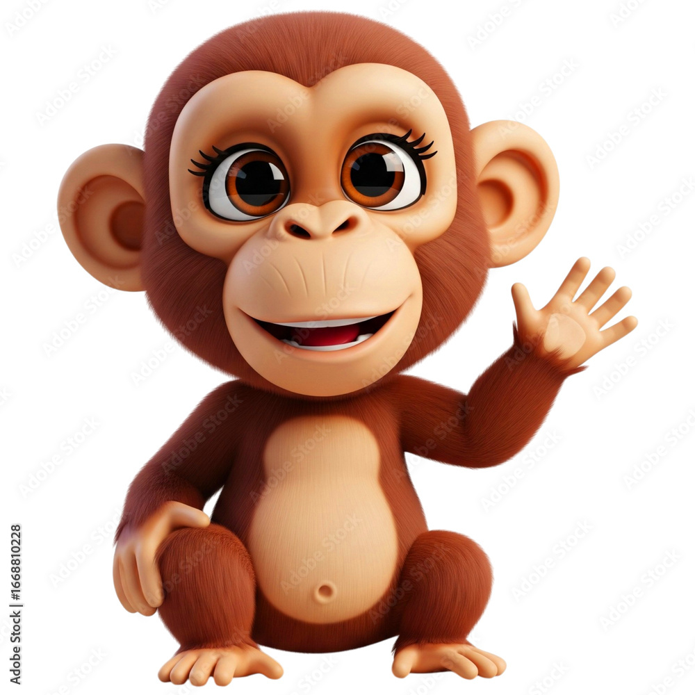 Obraz premium A cheerful 3D cartoon monkey with large, expressive brown eyes and a wide smile, waving with one hand while sitting. Its brown fur and playful pose make it perfect for children's media, animations, or