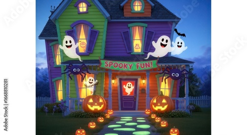 Spooky halloween house decorated with ghosts pumpkins and spiders for a fun night