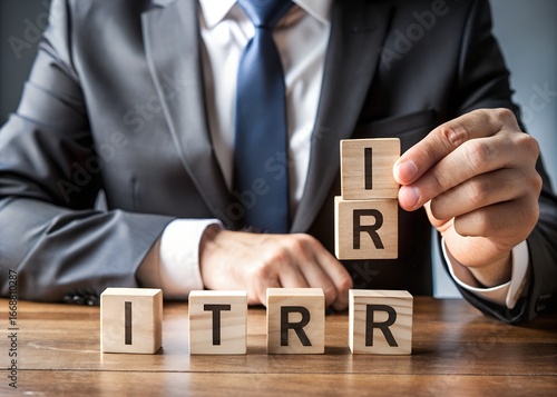 Businessman stacking wooden blocks with letters i and r to form irr